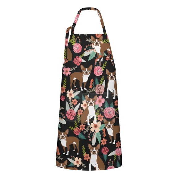 Boston Terrier Dog with Pioneer Flower Apron-Garden Aprons for Women with Pockets-Cotton Linen Waterproof Kitchen Cooking Gardening Aprons Adjustable for Kitchen,Cooking,BBQ and Salon 33x27 Inch