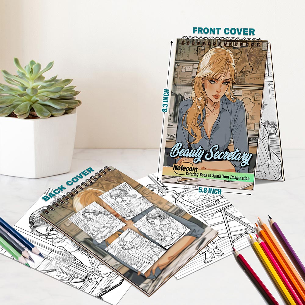 Netecom Beauty Secretary Coloring Book for Adults, A5 Wooden Cover, 30 Enchanting Coloring Pages of Stylish Secretaries for Stress Relief and Relaxation, Spiral Bound Edition