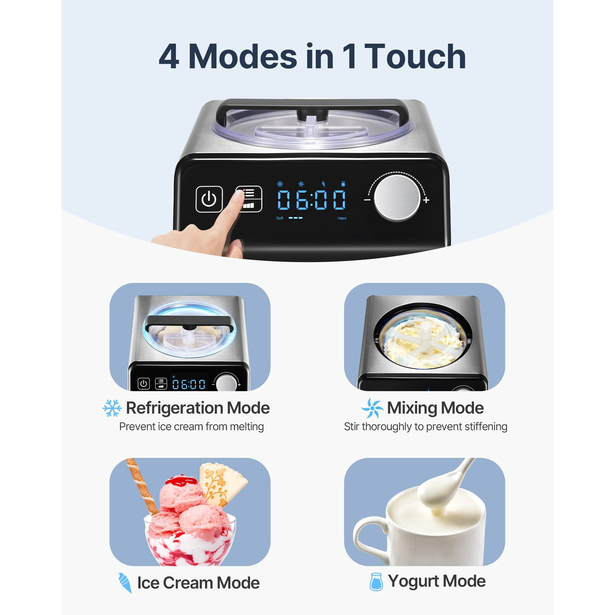 Upright Automatic Ice Cream Maker with Compressor, 2QT No Pre-freezing, 4 Modes Stainless Steel Gelato & Sorbet Machine with Digital Timer