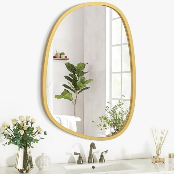 shiyou-Irregular Wooden Framed Mirror for Wall Modern Asymmetrical Unique Hanging Mirror Artistic Unique Oval Shape Wall Mirror Decor Bathroom Vanity Bedroom Living Room Entryway Hallway Small
