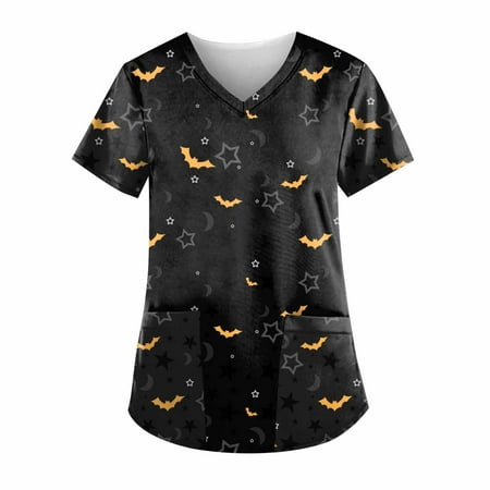 

BallsFHK Women s Halloween Printing Short Sleeve V-neck Tops Working Uniform Pocket Blouse Scrub Tops Women