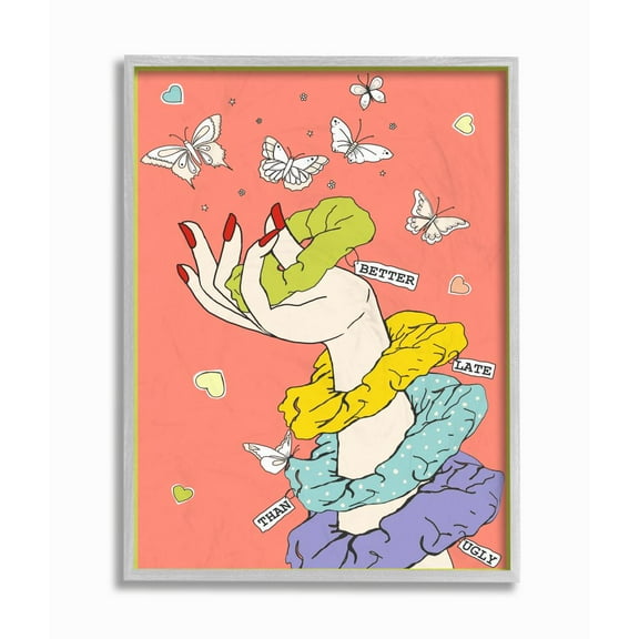 Stupell Industries Better Late Than Ugly Funny Girls Fashion Hair Scrunchie Framed Wall Art Design by Sangita Bachelet, 11" x 14", Gray Framed