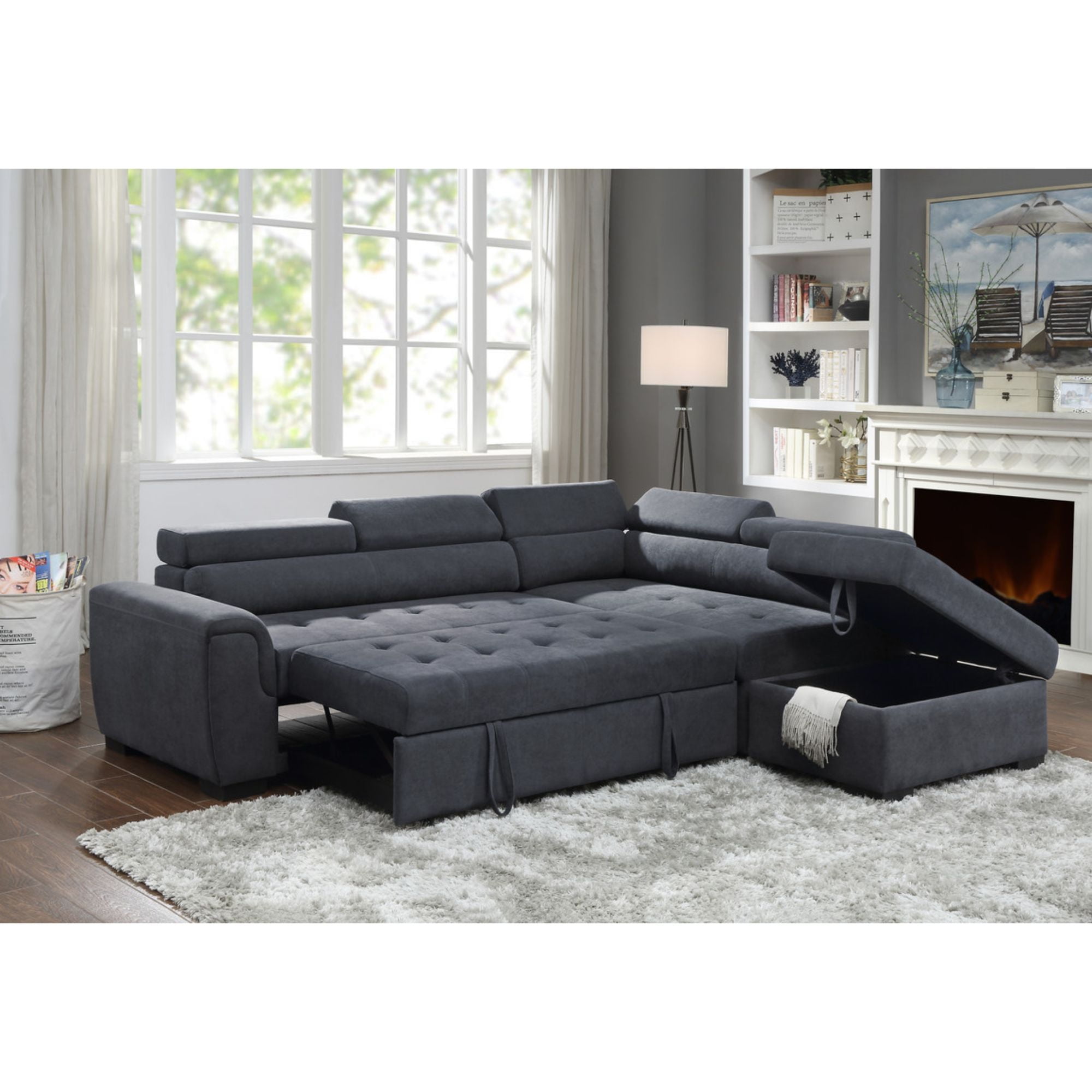 Set Of 5 Lava Gray Haris Fabric Sleeper, Sectional Sofa Set With Pull Out Sleeper Area