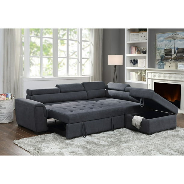 Haris Fabric Sleeper Sofa Sectional, Leather Sofa With Chaise Storage