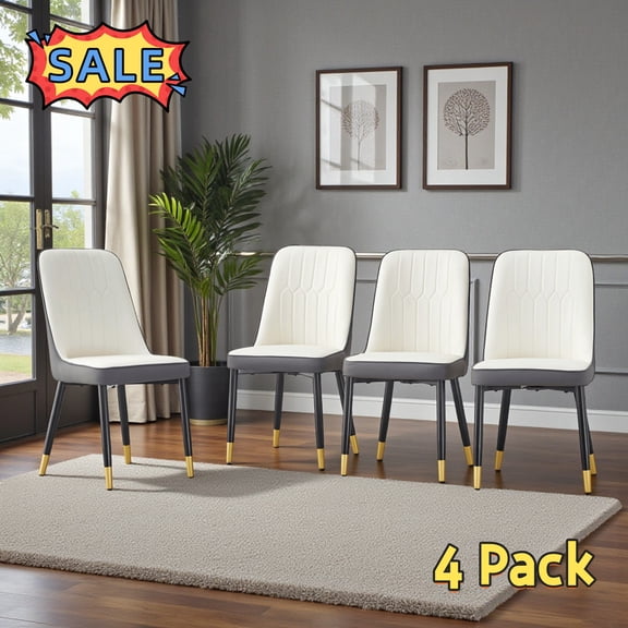 Tcbosik Dining Room Chairs Set of 4, PU Leather Chair with Metal Legs, Upholstered Side Chair for Kitchen, Living Room, White Gray