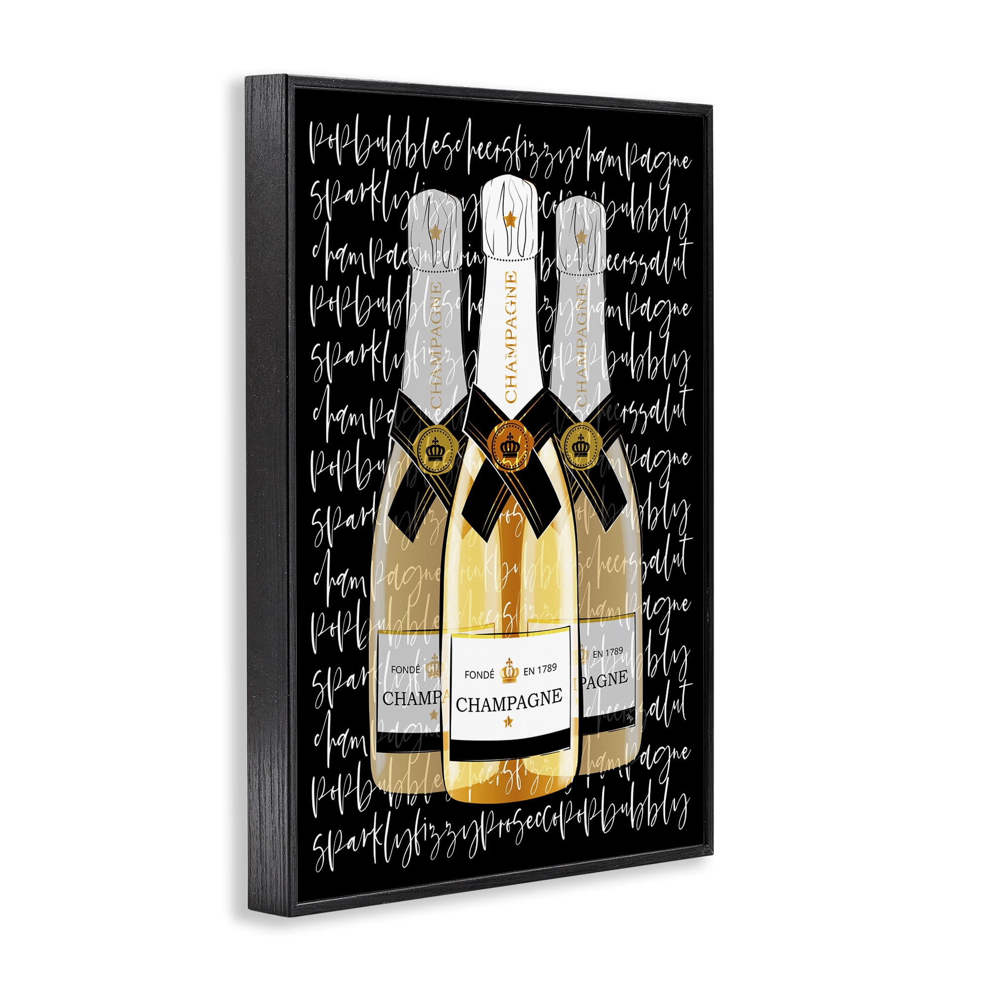 Stupell Industries Triple Champagne Bottle Love Black Framed Giclee Art, design by Martina Pavlova