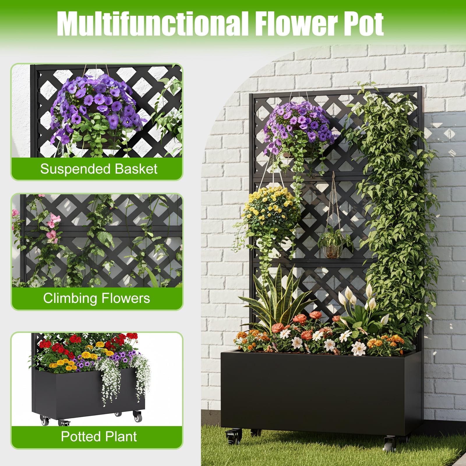 Raised Garden Bed with Trellis and Wheels, 72" High Metal Planter Box for Climbing Plants, Mobile Outdoor Vertical Garden with Drainage for Patio, Balcony & Backyard (300lb Capacity, Black)