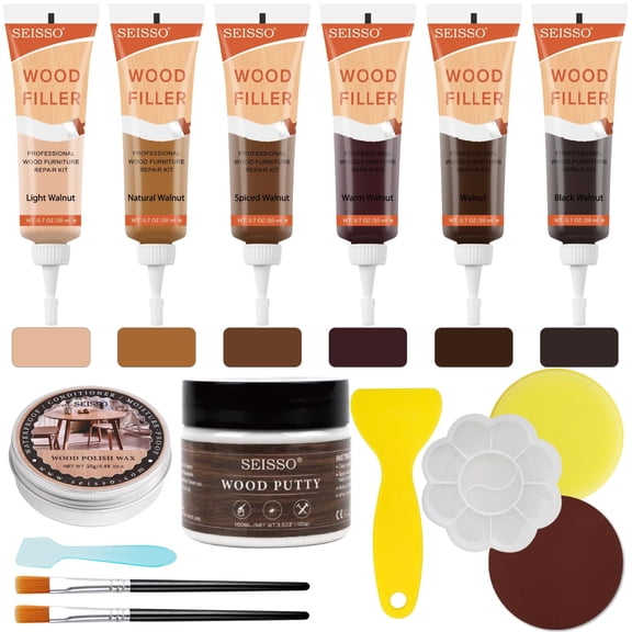 SEISSO Wood Furniture Repair Kit, 6 Colors Wood Filler Hardwood Laminate Vinyl Floor Repair Kit, with Wood Putty, Wood Polish Wax for Hole, Scratch, Crack, Stain (Walnut Wood 15Pcs)