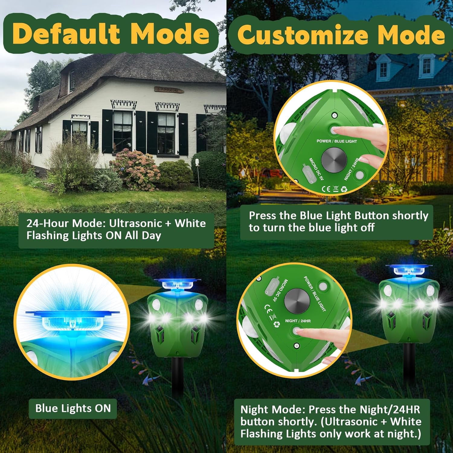 Ultrasonic Solar Powered Deer Repellent Device with PIR Motion Sensor and Strobe Lights 360° Cat Repellent Outdoor Equipped with Dual Charging Methods Outdoor Protection for Gardens, Yards, and Farms