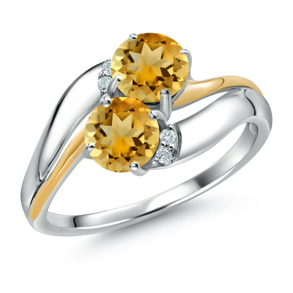Gem Stone King 925 Sterling Silver and 10K Yellow Gold Yellow Citrine 5MM Round 2 Stone and White Lab Grown Diamond Accent Ring for Women (1.48 Cttw, Gemstone November Birthstone, Size 7)