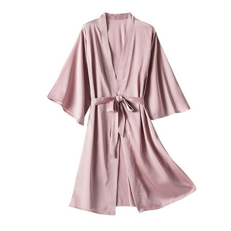 

DNDKILG Silky Bathrobe Plus Size Bride Party Bridesmaid Robe for Women Kimono Satin Robes Loungewear Long Sleeve Short Sleepwear Pink XL
