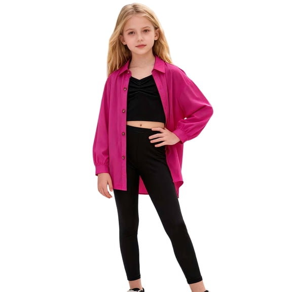 Daznico 3 Piece Girls Outfits Long Sleeve Top with Sleeveless Shirt and Leggings Tween Coordinated Casual Wear Comfy School,11-12 Years