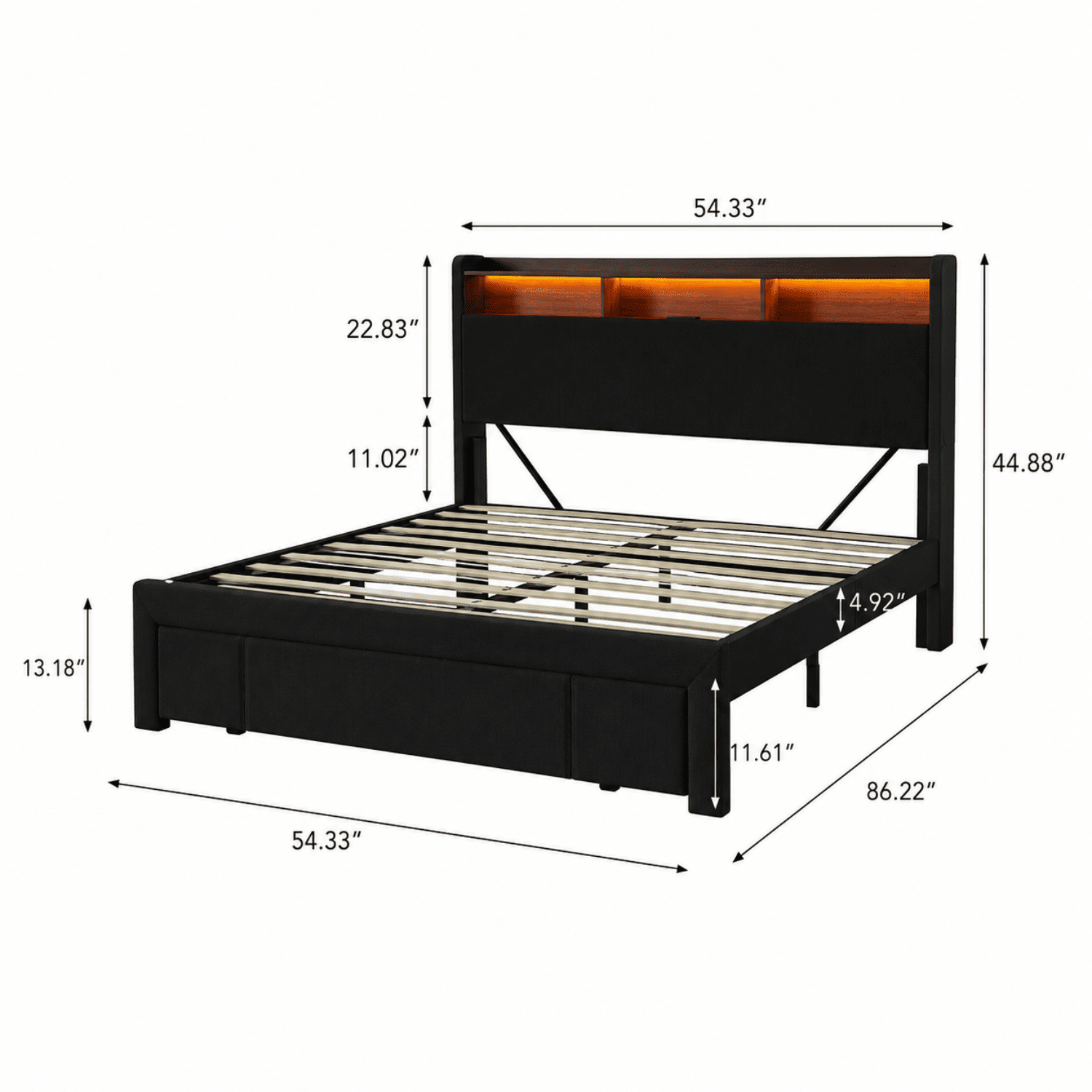 Miniyam Queen Size LED Bed Frame with Upholstered Headboard, Charging Station and Footboard Drawer, Black