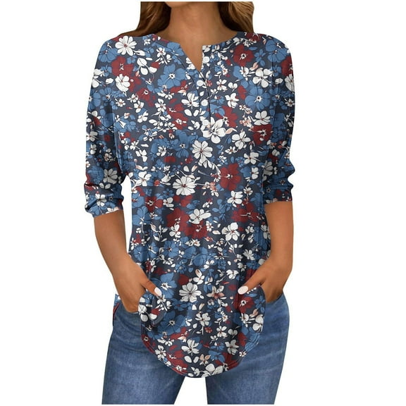 AnuYalue 3/4 Length Sleeve Shirt for Women Dressy Button Up Tunic to Wear with Leggings 2025 Summer Floral Graphic Casual Henley Neck Shirts Fashion Comfy Flowy Long Tunics Tshirt
