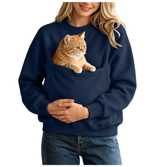 GEWSEY Cat Pouch Hoodie for Women Kangaroo Pocket Dog Pouch Sweatshirts Pet Carrier Pullover Animal Holder Long Sleeve Tops (Navy, L)