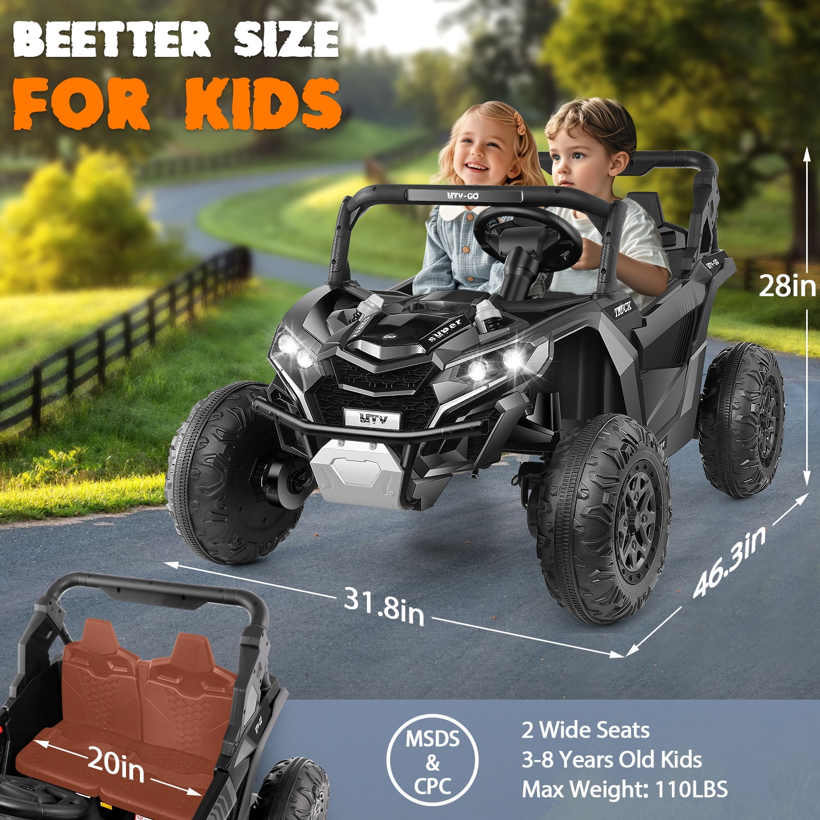 Funcid 24V Ride on Car for Kids, 2WD/4WD Switchable Ride on Car with Remote Control, 2 Seater Ride on Toys, UTV, Bluetooth, Music, LED Lights, Storage Space