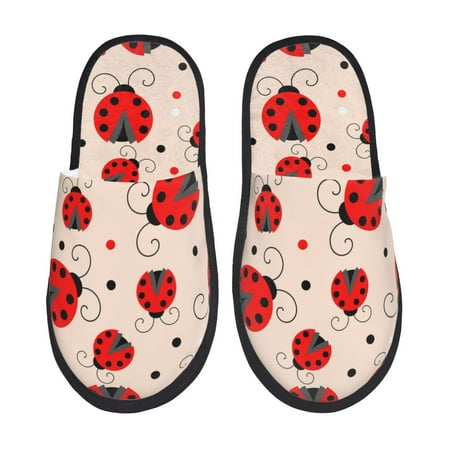 Balery Red Ladybug Slient Indoor Furry Fleece Comfort House Shoes Soft Non-Slip Home Shoes Cotton slippers House Slippers-- Large