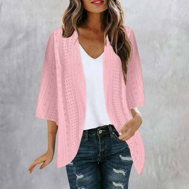AherBiu Cardigan pour Femmes Manches 3/4 Léger Printemps Été Automne 2025 Mode Décontracté Doux Confortable Veste Ouverte