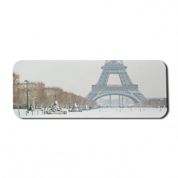 Winter Computer Mouse Pad, Eiffel Tower in Snow Outdoors Champ de Mars Tourist Attraction Paris France, Rectangle Non-Slip Rubber Mousepad Large, 31" x 12", White Brown Green, by Ambesonne