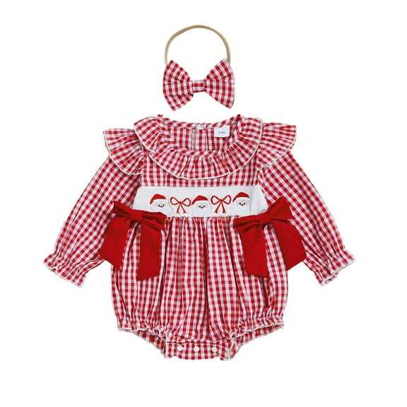 Ketyyh-chn99 Newborn Baby Girls Christmas Clothes Plaid Bubble Romper Long Sleeve Smocked Jumpsuit One Piece Bodysuit Outfit Size for 6-12 Months,Red