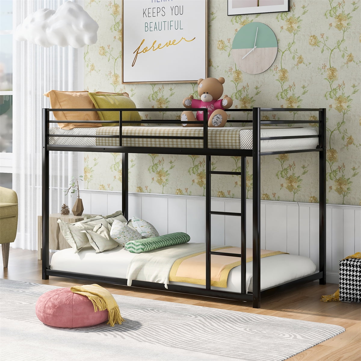 Twin Over Twin Kids Bunk Bed Metal Bunk Bed Frame with Safety Guard Rails and 3 Step Built in Ladder Low Bunk Bed Twin Bed for Teens Boys and