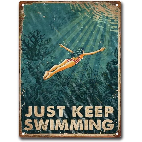 MUCHENGGIFT Panneau en Tôle « Just Keep Swimming » Déco Maison Amusante Panneau Mural en Tôle Métallique 12x16 Pouces