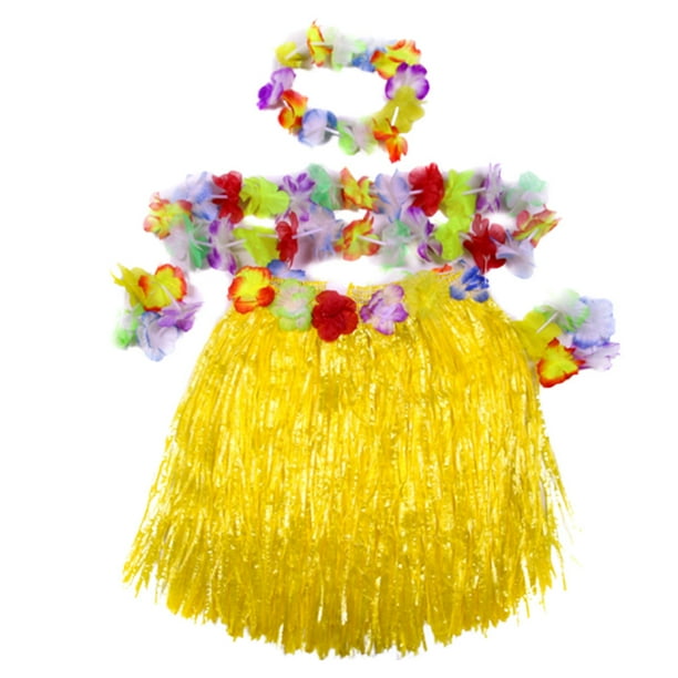 Conjunto de falda de estilo hawaiano, pulseras de tocado de flores de simulación, guirnalda colgante, accesorios para disfraces de fiesta (amarillo)