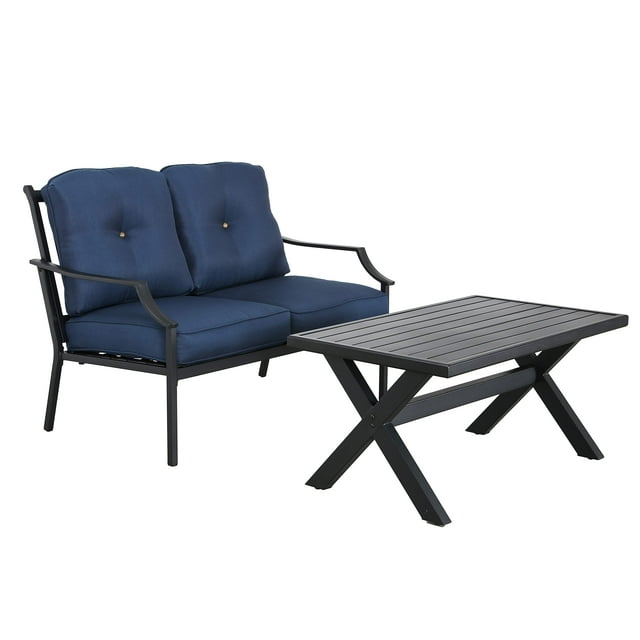 LOKATSE HOME Ensemble de Conversation pour Patio Extérieur 2 Pcs, Banc en Métal, Causeuse avec Coussin et Table Basse, Bleu
