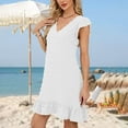 thumbnail image 4 of Summer Midi Dresses for Women V-Neck Women's Dress with Short Sleeves Mid Length Decoration Fabric Ball Front Casual Outfit Summer Beach Fashion Vacation S-XXL, 4 of 8