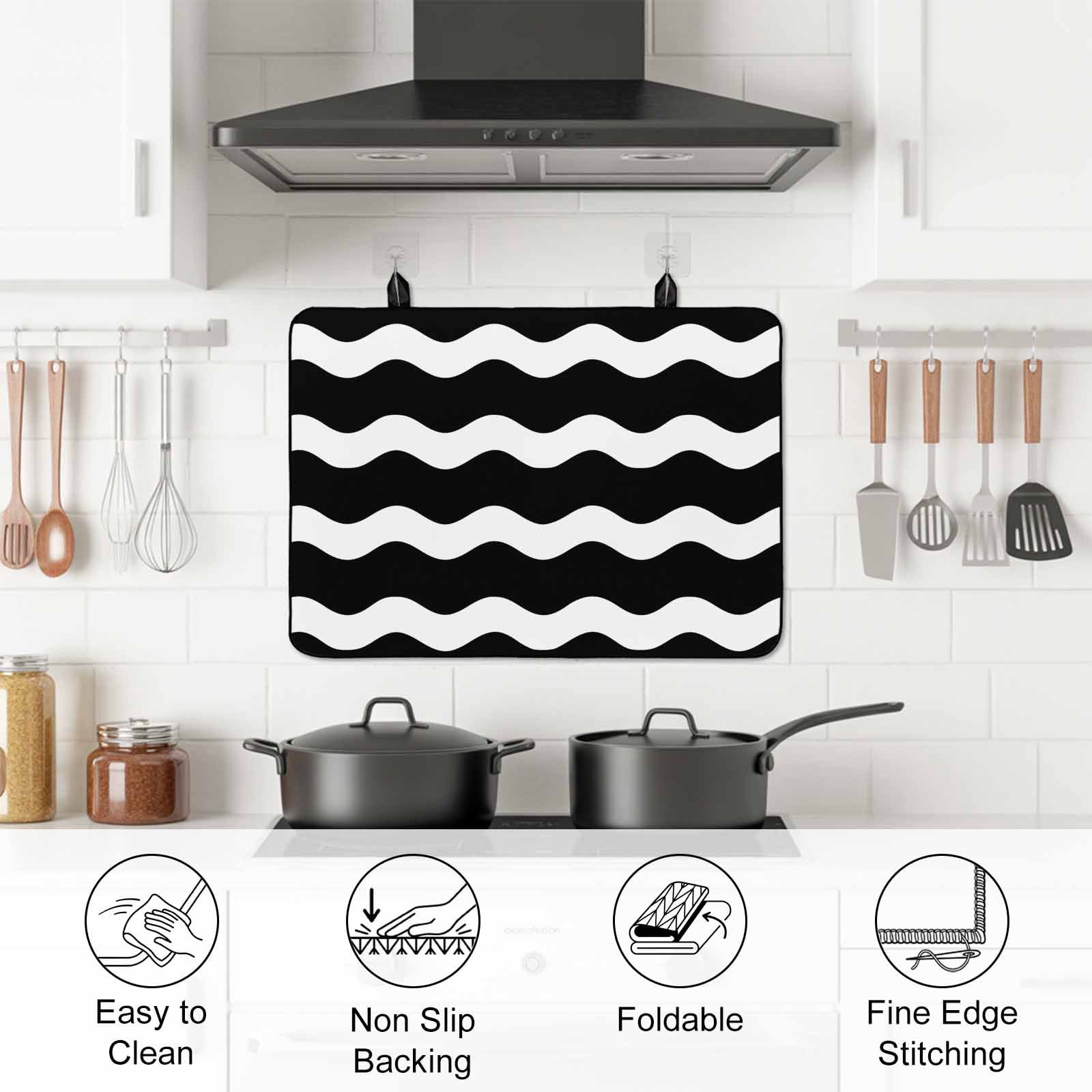 Black Ripple Stove Top Cover for Electric Stove, Heat-proof & Non Slip Glass Top Stove Cover Protector, Simple Black White Waves Aesthetics Kitchen Flat Cooktop Rubber Mat 28.5x20.5 Inches