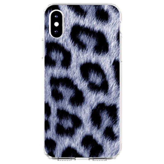 DistinctInk Clear Shockproof Hybrid Case for iPhone XS Max (6.5" Screen) - TPU Bumper, Acrylic Back, Tempered Glass Screen Protector - Blue Black Leopard Fur Skin Print