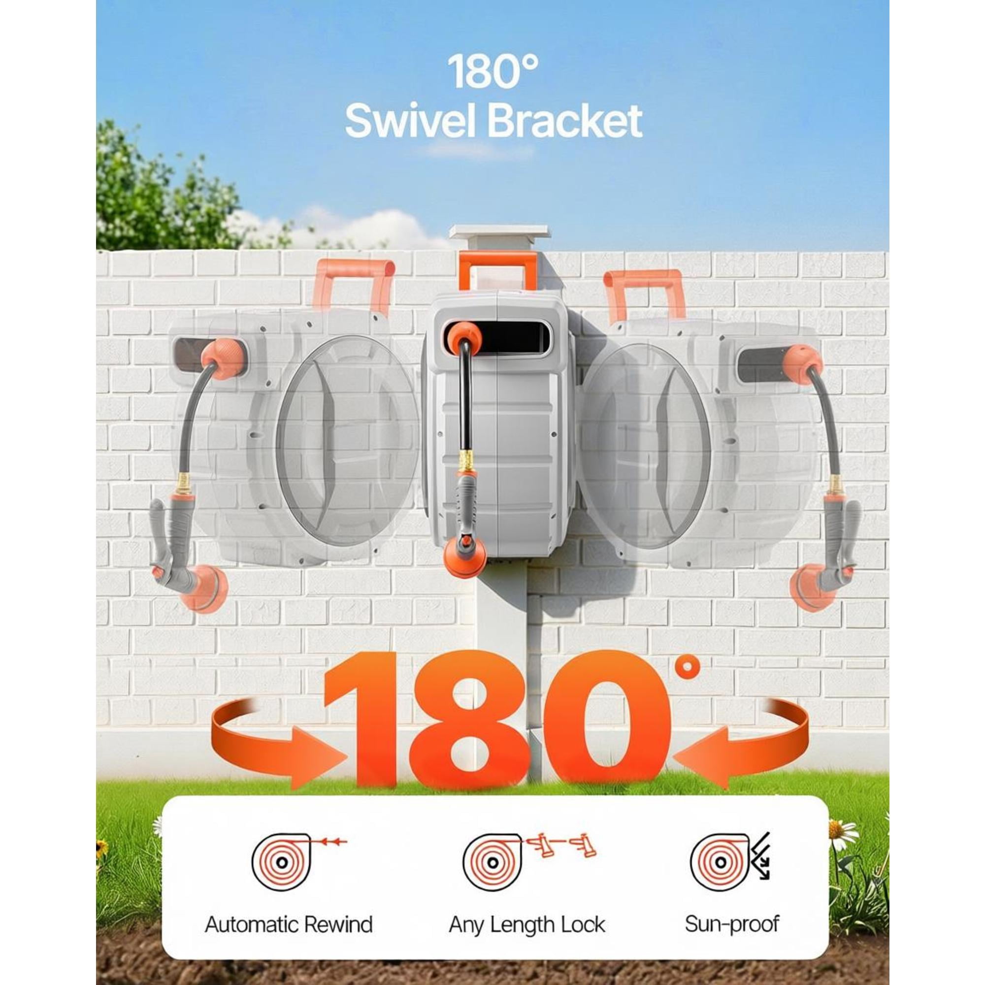 Retractable Garden Hose Reel, 1/2" x 65ft Wall Mount Hose Reel with 9-Pattern Nozzle, Any Length Lock, 180° Swivel Bracket for Yard, Lawn
