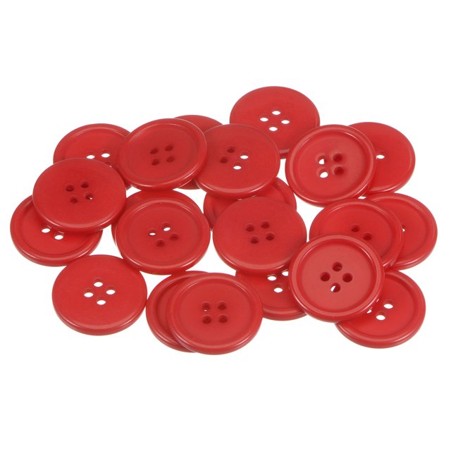 50uds 40l costura botones 1(25mm) resina redondo plano 4 agujeros artesanía botones para coser ropa y bricolaje, rojo Paquete de 50 botones redondos de resina rojo, 25 mm, vistos desde arriba; superficie lisa y borde plano, cuatro ojales centrales amplios para coser con facilidad, ideales para reemplazar botones en camisas o para proyectos de manualidades y scrapbooking.