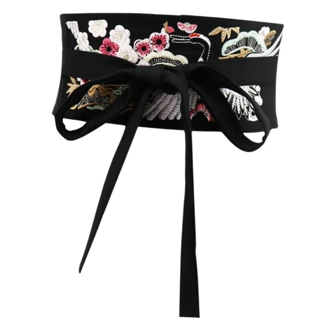 Cinturón Obi para mujer, bordado con lazo, cintura ancha para vestido de ceremonia del té. Negro
