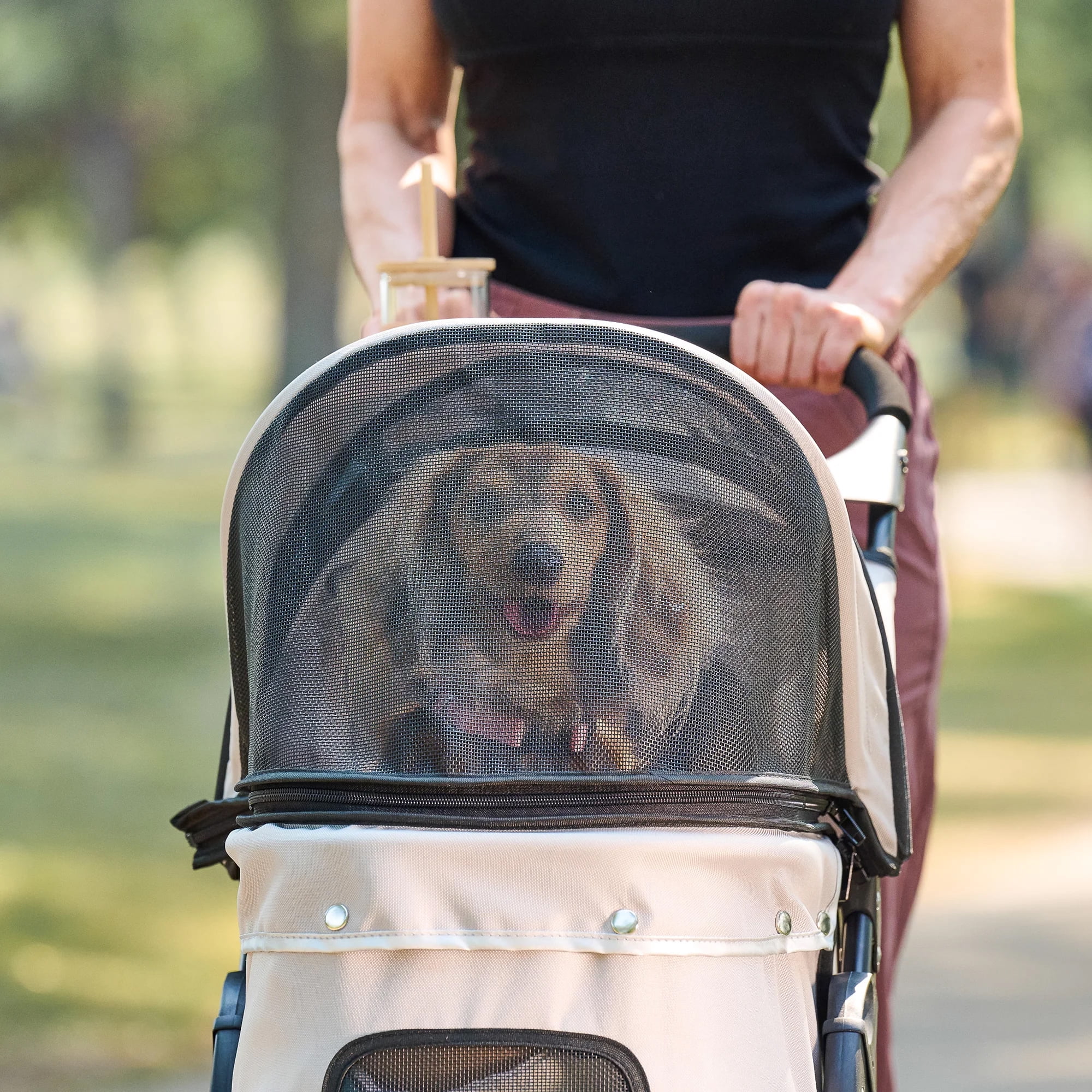 Carlson Portable Pet Stroller with 360 Degree Front Wheel Swivel, Mesh Panels, Umbrella Canopy, Khaki, for Pets Up to 30 lbs