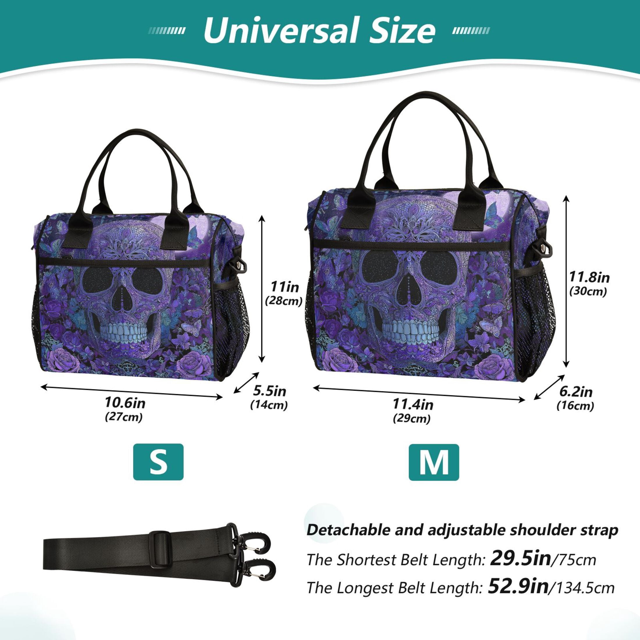 RMDQTR Midnight Skull Butterfly Bloom Large Tote Lunch Bag, Multi-Compartment Waterproof Thermal Food Bag for Commute Office & Picnic Outings