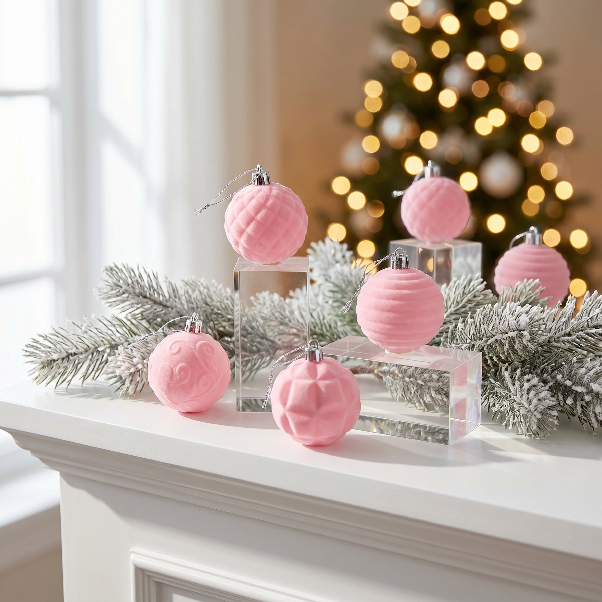 Unique Bargains Velvet Christmas 12 Pack Flocked Sphere Orbs Luxury Ornaments Pink 2.4"