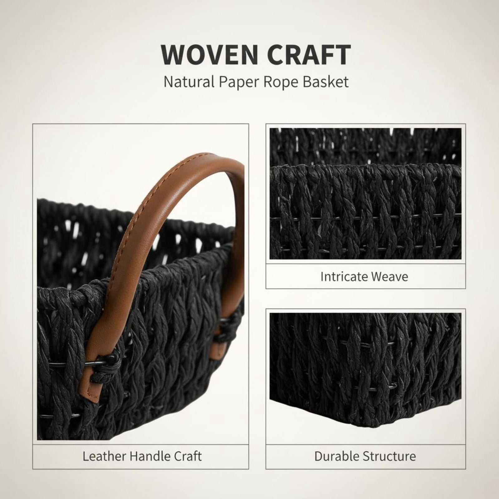 Wicker Storage Basket, Black Paper Rope Woven Bin with Leather Handles, 12.6 x 7.9 x 3.9 in, Decorative Organizer Baskets with Handles for Shelf, Table, Coffee Table