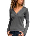 thumbnail image 4 of Camiseta holgada de punto para mujer, Tops de manga larga con cuello en V, empalme de botones, ropa informal de algodón, Color sólido, otoño, 4 of 5