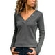 thumbnail image 4 of Camiseta holgada de punto para mujer, Tops de manga larga con cuello en V, empalme de botones, ropa informal de algodón, Color sólido, otoño, 4 of 5