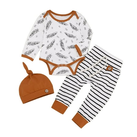 

Baby Boys Girls Long Sleeve Cartoon Patchwork Romper Bodysuit Tops Striped Pant Trousers With Hat Outfits Set 3PCS Clothes Long Fall