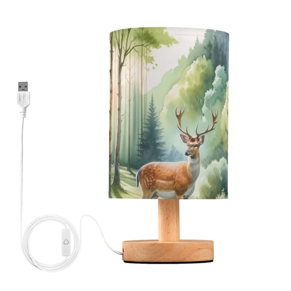 Deers on Forest Table Lamp USB Bedside Desk Nightstand Lamp Printed Gifts Small Lamp Wood Base for Bedroom Living Room Kids Room College Dorm