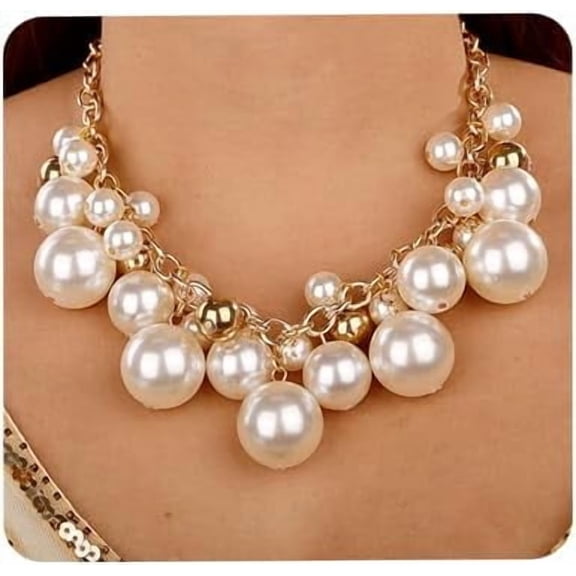 1920s Big Faux Pearl Strand Choker Necklace with Earrings Gold Chain Gold Beads Cluster Necklace for Women (Style 2)