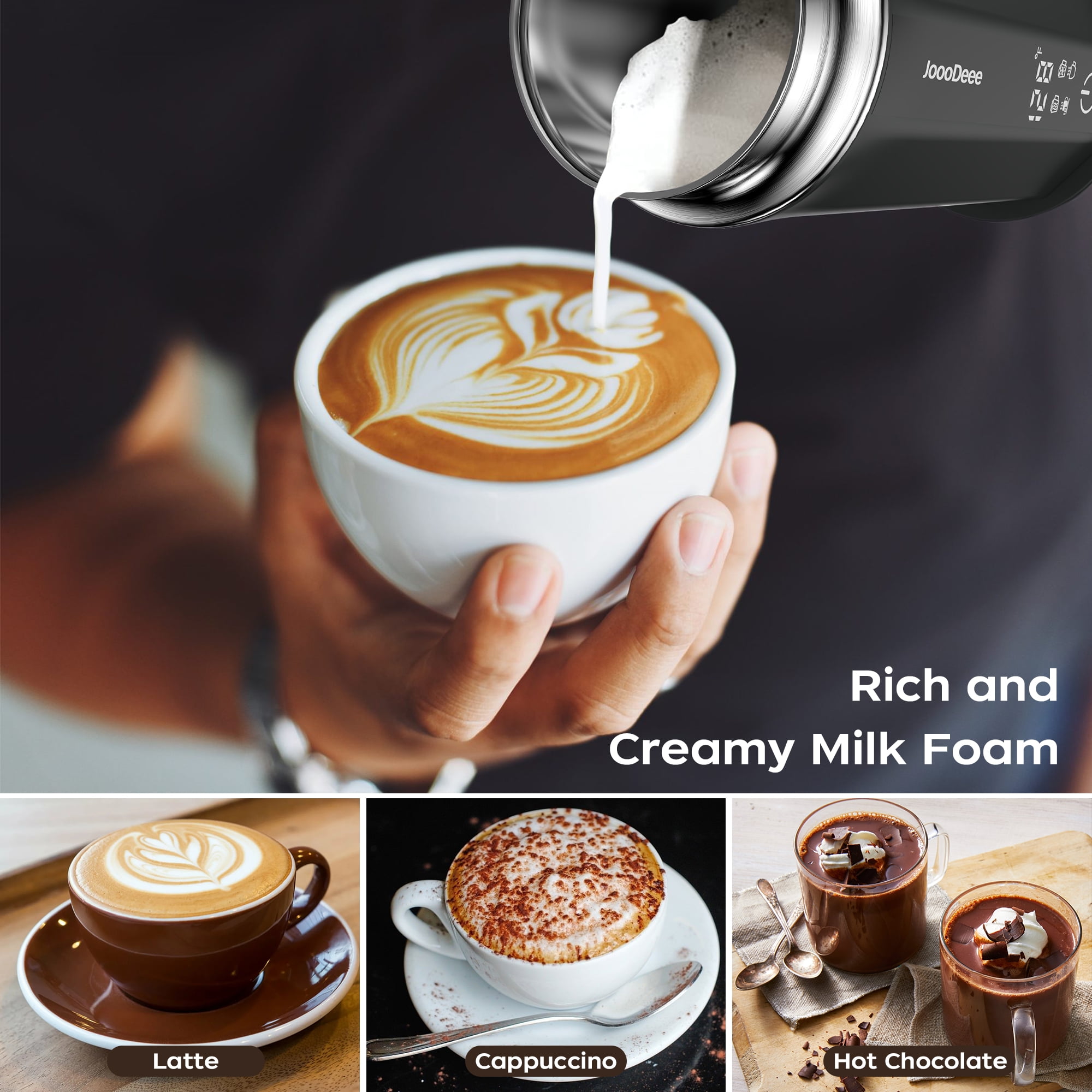 IPOW Milk Frother with LED Display, 4-in-1 Electric Milk Steamer,  17oz/500ml Large Automatic Hot & Cold Foam Maker and Milk Warmer for  Coffee, Latte