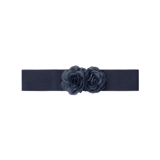 Cinturón Elástico Ancho de Doble Flor Grande INSPIRE CHIC para Mujeres, Cinturones de Cintura Chunky para Vestir Hasta 70cm/27.55" Azul Oscuro