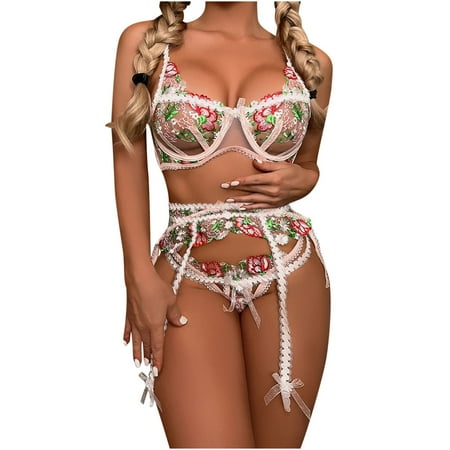 

Lilgiuy Women Exquisite Mesh Embroidery Lingerie Bra+Garter+Briefs Set Babydoll Cut-Out Sleepwear Winter Fashion 2022