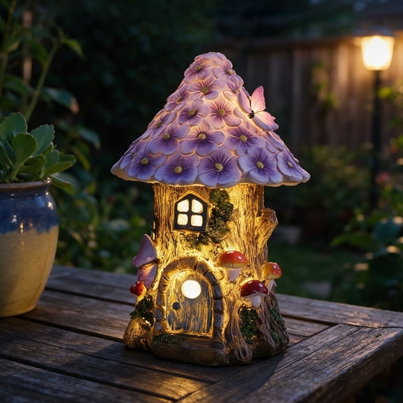 Solar Fairy Tree House Figurine Light Outdoor Garden Decor Resin Statue with Flower Roof, Birthday Gifts Housewarmings Gift for Patio Yard Lawn Ornamen