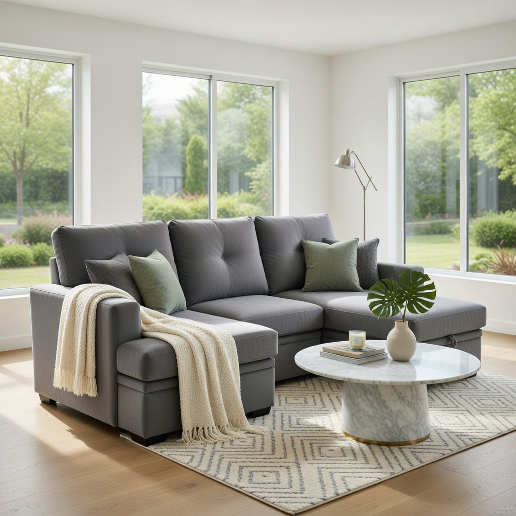 Hommoo Mid-Century Modern Sectional Sleeper Sofa with Pull-Out Bed, Reversible Chaise & Hidden Storage, L-Shaped Convertible Sofa Bed for Small Spaces, Dark Gray