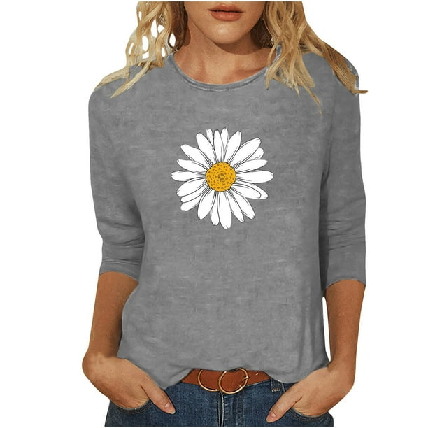 Camisetas Casuales de las Mujeres de Moda Impresa 3/4 Mangas Blusa Cuello Redondo para el Hogar Y Diario