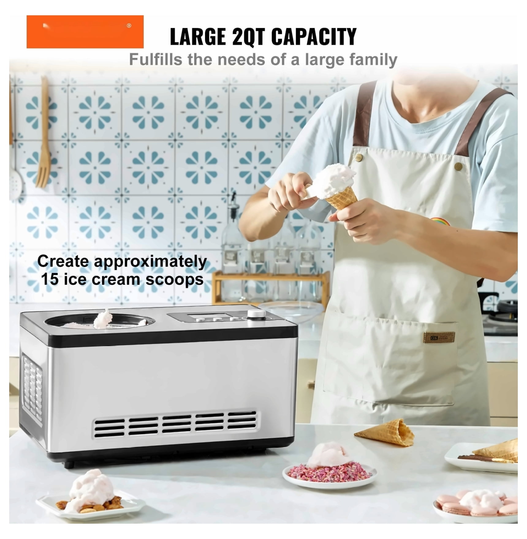 Ice Cream Maker with Compressor, 2 Quart No Pre-freeze, Fruit Yogurt Sorbet Maker, 3 Modes, LCD Display & Timer, Stainless Steel Gelato Machine, Silver